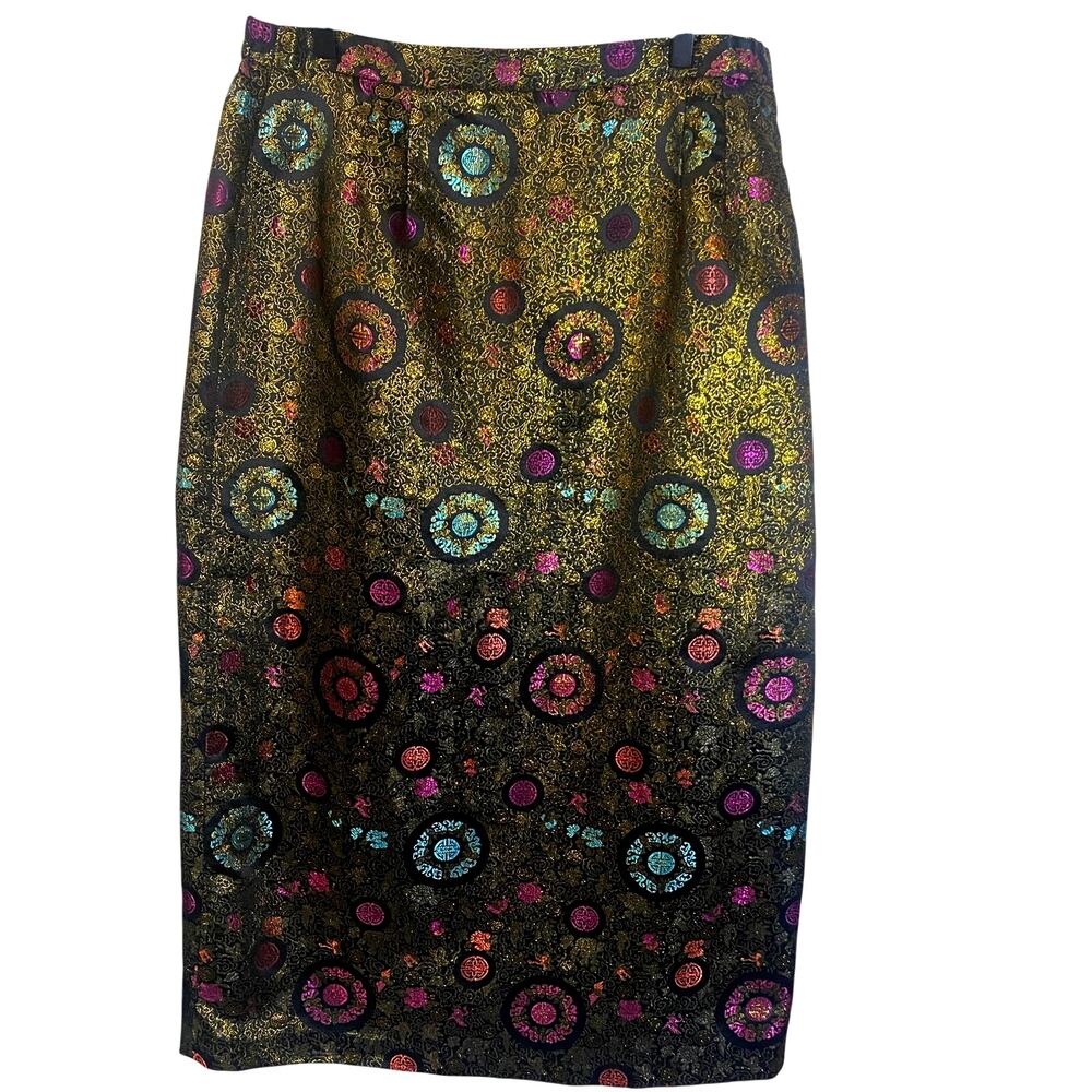 Terramina Gold Asian Inspired Floral Midi Skirt Sz 18 Colorful Shiny Blue Pink